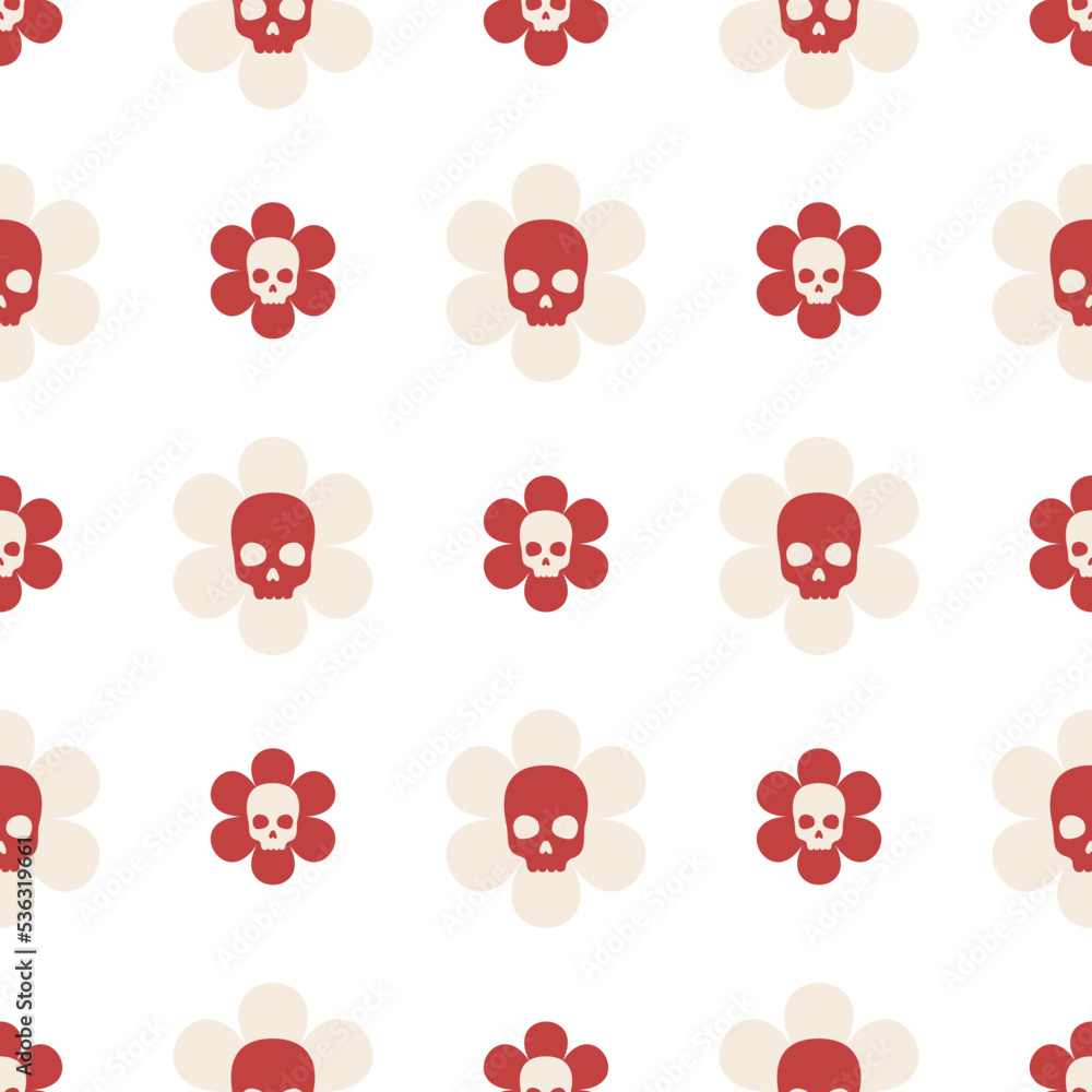 Fototapeta premium Seamless pattern with skull flower. Halloween hippie groovy pattern