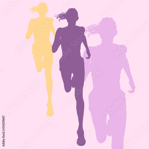 Sport vector illustration of silhouette purple violet beautiful woman running with pony tail hair, shadow of run girl with sport shoes