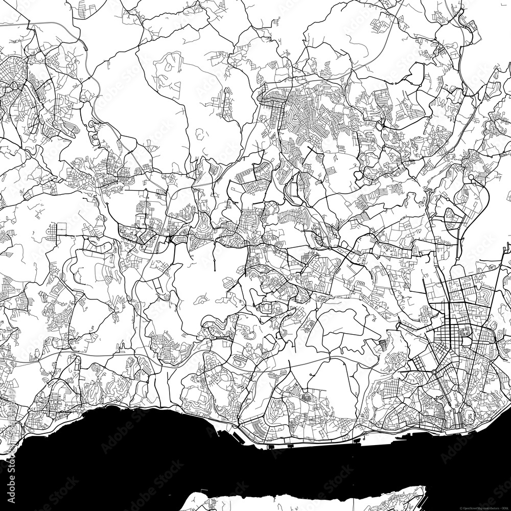 Fototapeta premium Area map of Amadora Portugal with white background and black roads