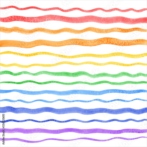 Rainbow colors watercolor vector textured wavy stripes set, long brush strokes painted background. Hand drawn uneven colorful waves, curved lines with watercolour stains. Border, frame templates. 