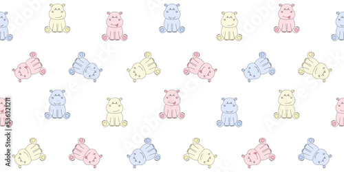 Colorful sitting hippos on a white background. Endless texture with cute tiny behemoths. Vector seamless pattern for surface texture, nursery room, cover, wrapping paper, packaging, wrapper and print