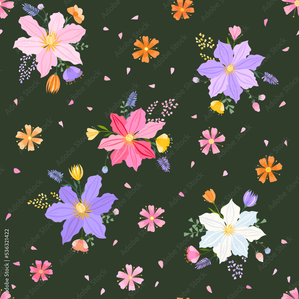 Vector floral seamless pattern. Set of leaves, wildflowers, twigs, floral arrangements. Beautiful compositions of field grass and bright spring flowers on dark green background.