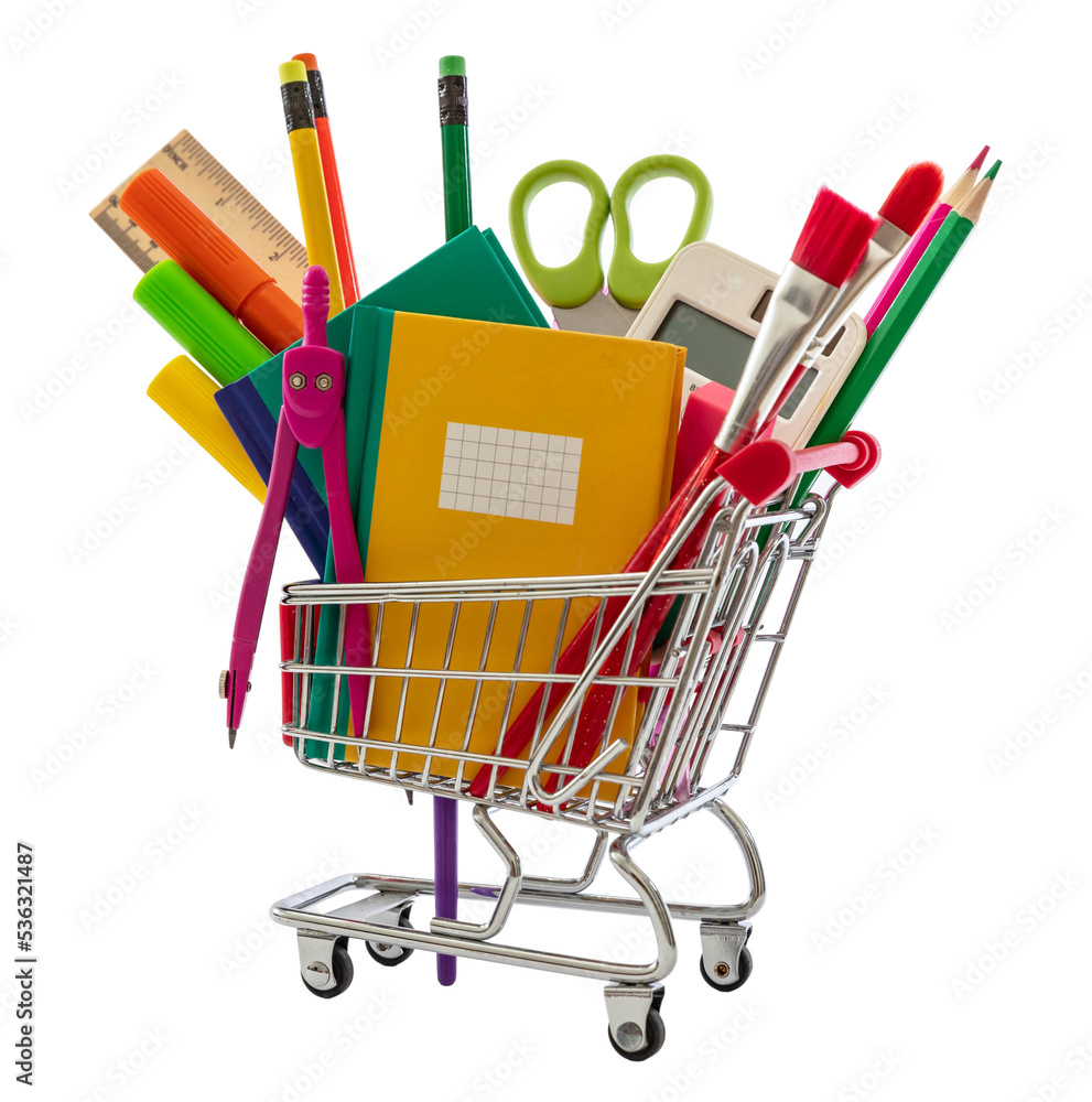 Back to school. School office supply and stationery in a shopping