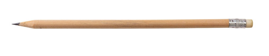 Pencil natural wood with white eraser isolated, transparent background, PNG, top view