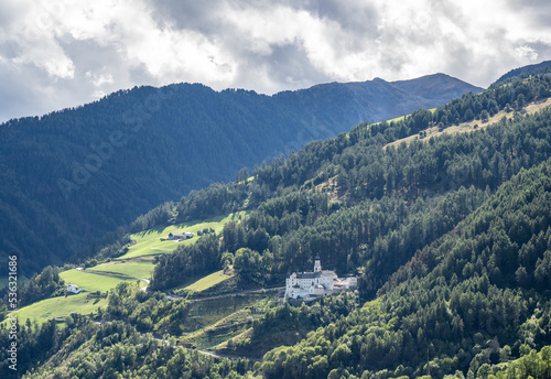landscape in South Tyrol in Italy and Marienberg Abbey