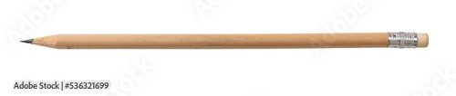 Pencil natural wood with white eraser isolated, transparent background, PNG, top view photo