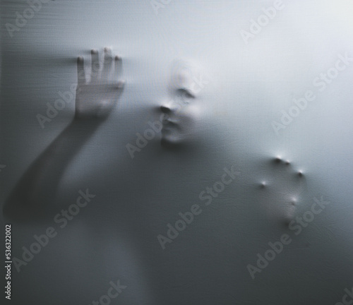 Horror, fabric and hands of a woman trapped in textile trying to escape from nightmare. Curtain, help and bad dream with psychology female ghost, victim or spirit behind white material looking scary