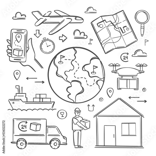 TRANSPORT DELIVERY Various Cargo Symbols Big Monochrome Collection Fast Order By Smartphone In Hand One Click Short Time Transportation To Place Of Destination
