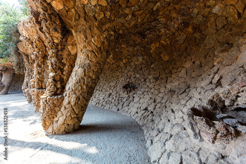 Rock arcade at Parc Guell, designed by Antoni Gaudi, Barcelona, Catalonia, Spain, Europe