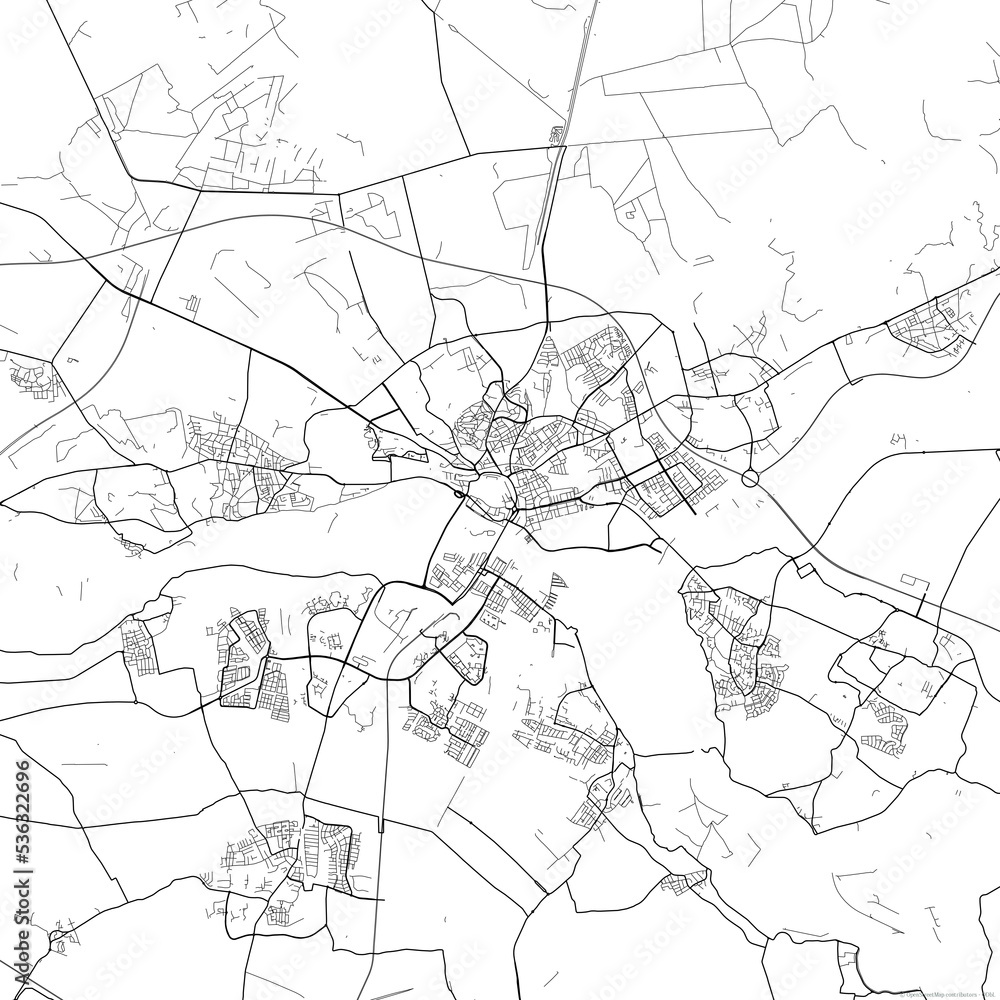 Area map of Arnhem Netherlands with white background and black roads