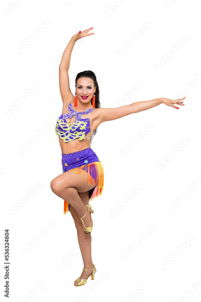 A dancer in a bright purple suit with a wide smile on her face on a white background, isolated. A dancer in a bright purple suit with a wide smile on her face on a white background, isolated.