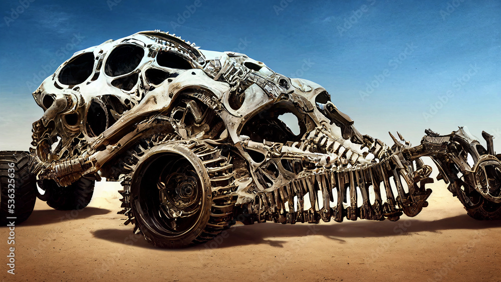 surrealistic monster truck made of bones biomechanical vehicle crazy post apocalyptic dune buggy generative ai Adobe Stock