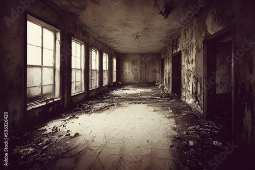 A ruined asylum, spooky and haunted.  photo