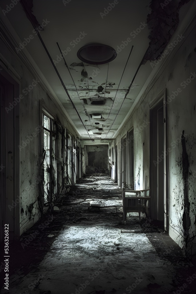 A ruined asylum, spooky and haunted. 