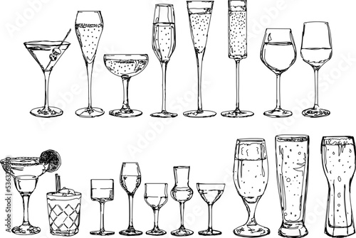 Hand drawn vector set of glasses for alcoholic drinks