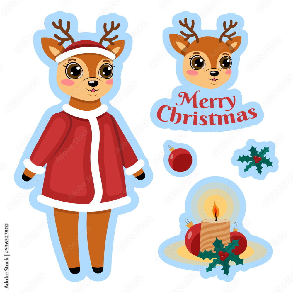 Cute deer wear Christmas costume. Cute fawn character vector illustration. Merry Christmas sticker. Christmas reindeer isolated vector. Template for stickers. Season greeting. Winter Xmas holidays.