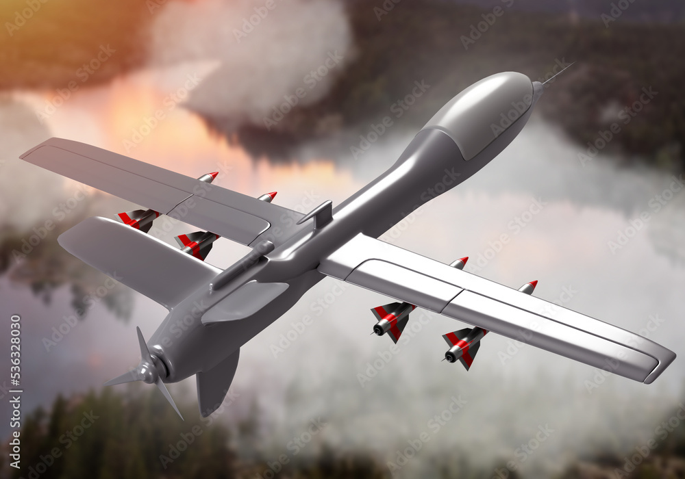 Military drone. Airforce. Army drone is flying over ground. UAV for army. Unmanned aerial