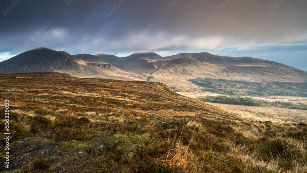 Mourne mountains valley with storm clouds in winter, Northern Ireland