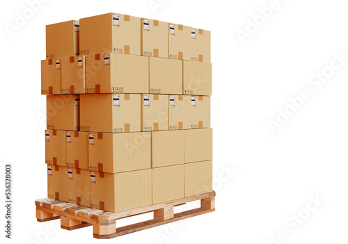 Several boxes from courier service. Pallet with parcels. Courier boxes isolated on white. Boxes with white information stickers. Courier parcels with symbol of fragility. 3d rendering.