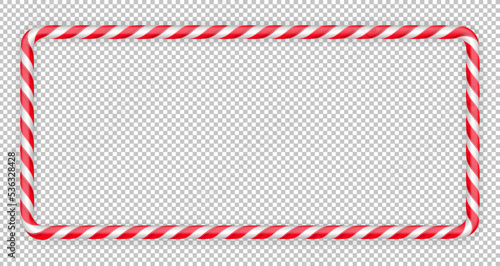 Frame christmas candy cane. Christmas stick. Traditional realistic xmas candy and red, white stripes. Santa caramel cane on transparent background. Vector illustration
