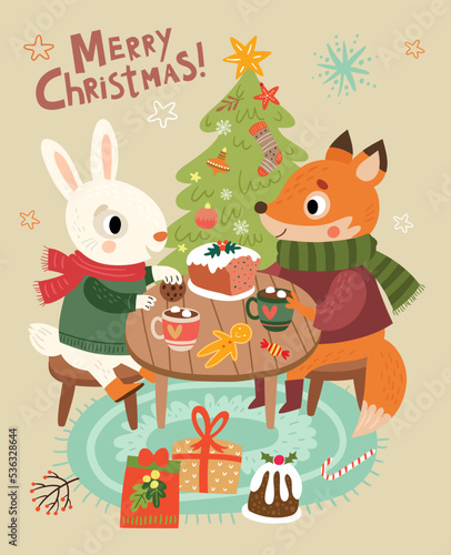 Christmas card. Fox and hare on holiday