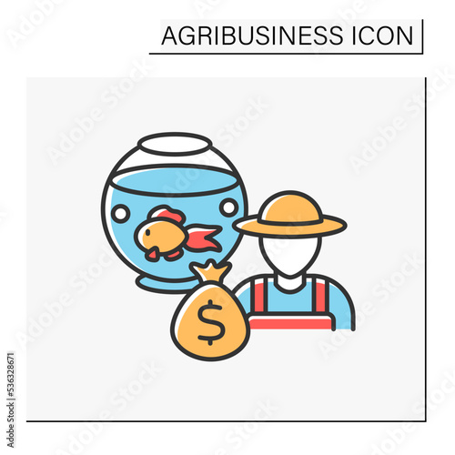 Fish farming color icon. Pisciculture. Commercial breeding of fish. Market sale for food.Agribusiness concept. Isolated vector illustration