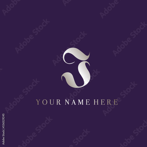 Letter J logo.Uppercase alphabet initial.Lettering sign isolated on dark fund.Decorative style brand identity.Elegant, beauty, spa, deco design metallic font monogram.