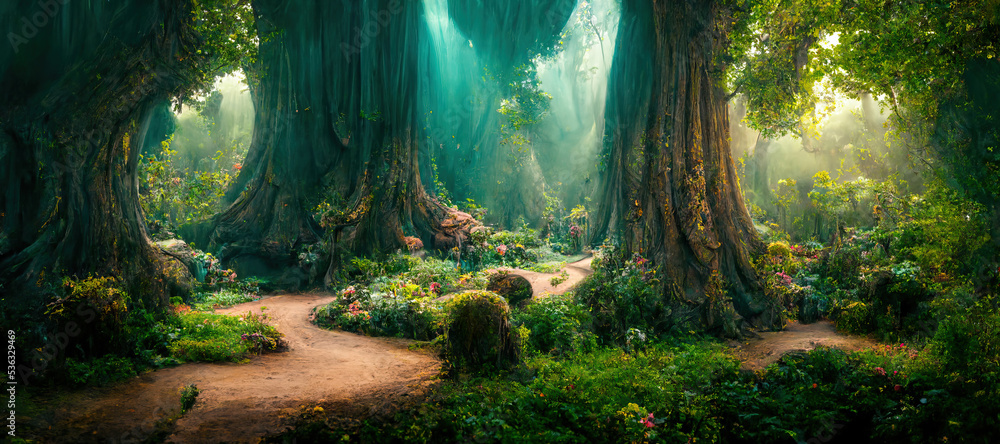 A beautiful fairytale enchanted forest with big trees and great vegetation. Digital painting background - obrazy, fototapety, plakaty 