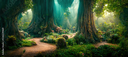 A beautiful fairytale enchanted forest with big trees and great vegetation. Digital painting background photo