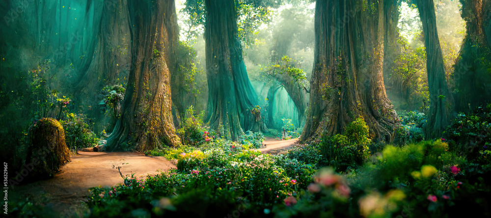 Fototapeta premium A beautiful fairytale enchanted forest with big trees and great vegetation. Digital painting background