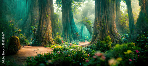 Foto A beautiful fairytale enchanted forest with big trees and great vegetation
