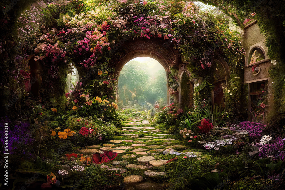 A beautiful secret fairytale garden with flower arches and colorful ...
