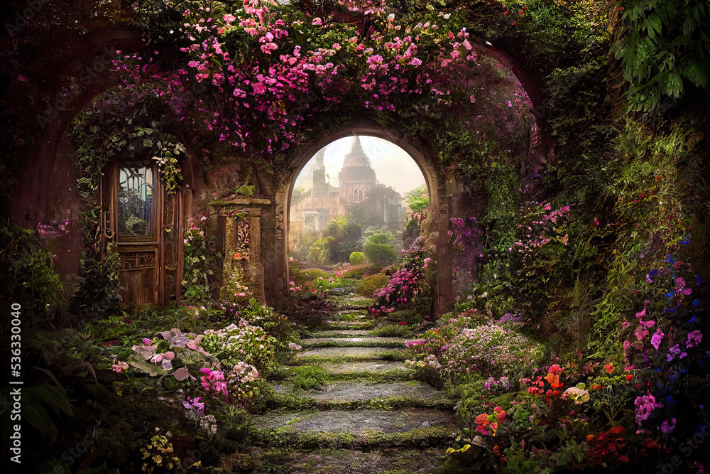 Naklejka premium A beautiful secret fairytale garden with flower arches and colorful greenery. Digital painting background