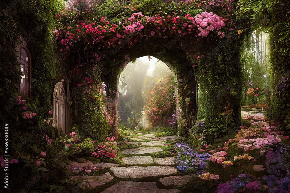 Obraz premium A beautiful secret fairytale garden with flower arches and colorful greenery. Digital painting background