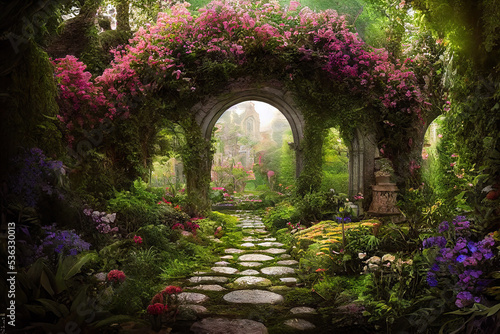 A beautiful secret fairytale garden with flower arches and colorful greenery. Digital painting background