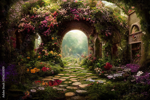 A beautiful secret fairytale garden with flower arches and colorful greenery. Digital painting background