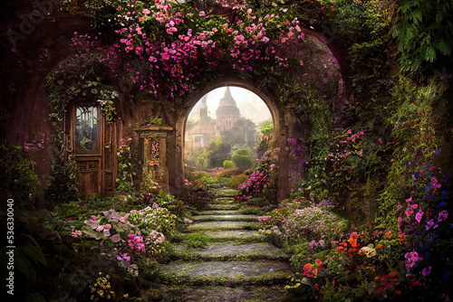 A beautiful secret fairytale garden with flower arches and colorful greenery. Digital painting background photo