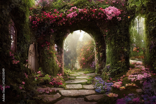 A beautiful secret fairytale garden with flower arches and colorful greenery. Digital painting background