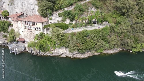Drone view at the monastery of Santa Caterina del Sasso on lake Maggiore in Italy photo