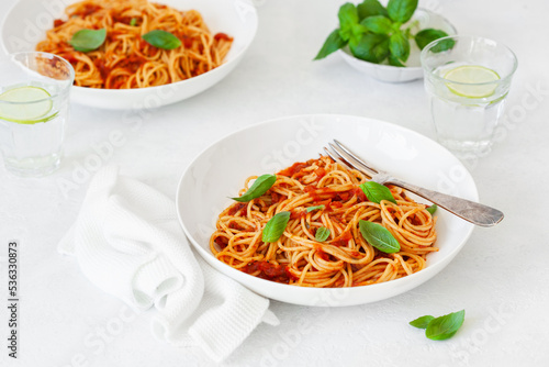 spaghetti with tomato sauce, traditional italian pasta