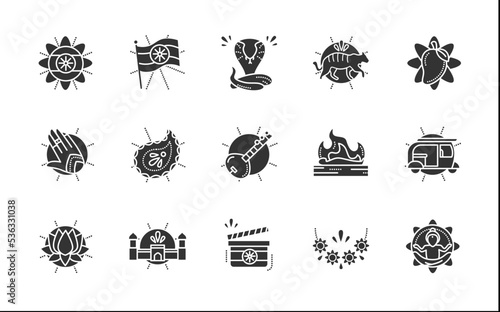 Indian culture glyph icons set. National traditions and customs, festivals, ceremonies, cultural heritage, monuments and more. Filled flat signs. Isolated silhouette vector illustrations