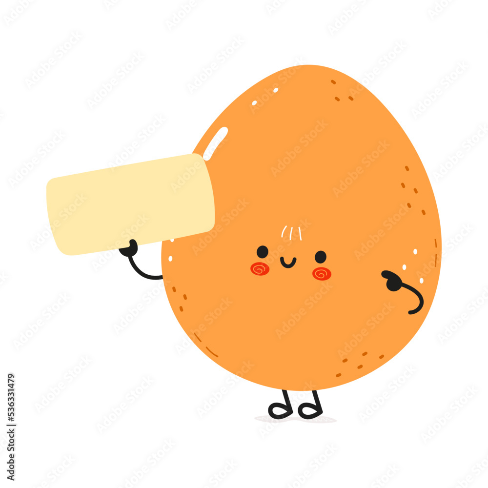Obraz premium Cute funny egg poster character. Vector hand drawn cartoon kawaii character illustration. Isolated white background. Egg with poster
