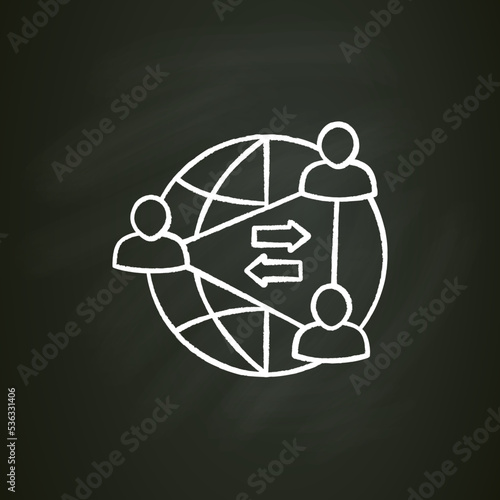 Two-sides network effects chalk icon.Intermediary economic platform. User groups interact and provide each other with network benefits.Marketplace concept. Isolated vector illustration on chalkboard