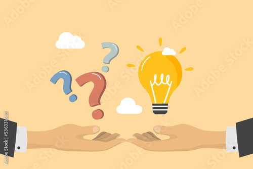Question and answer, solving problem or business solution, ask for reply or idea to solve difficulty and trouble, FAQ concept, businessman hand holding question mark with other reply with light bulb.