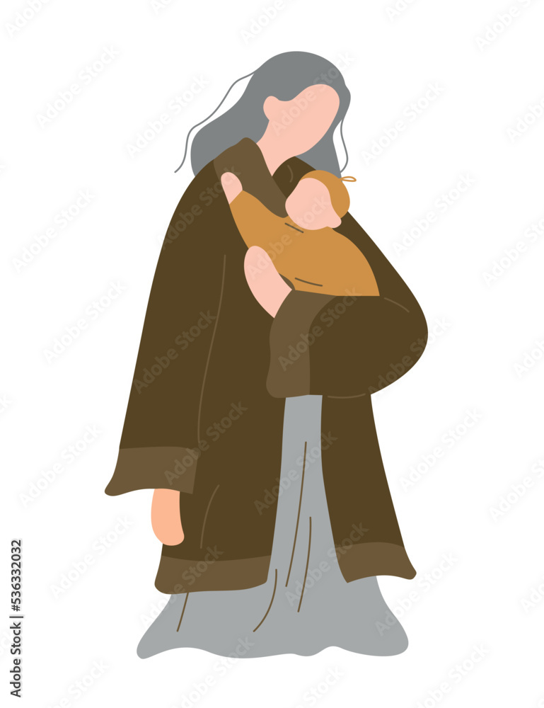 Mother and newborn baby in hands. Young mom holding and hugging calm child. Happy peaceful woman and infant portrait. Single-parent family. Flat vector illustration isolated on white background