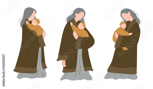 Mothers hugging children in babies sling. Parent carrying little kid in wrap ring. Mum and toddler.Mother and newborn baby in hands. Young mom holding and hugging calm child. Happy peaceful woman 
