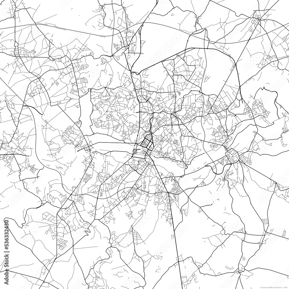 Area map of Charleroi Belgium with white background and black roads