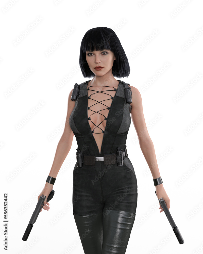 Beautiful dark haired fantasy assassin woman with two guns. 3D illustration isolated.