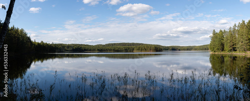 Finnish lake view, landscape panorama from Repovesi National Park in summer