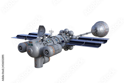 Grey futuristic sci-fi space ship viewed from higher angle. 3D illustration isolated. photo